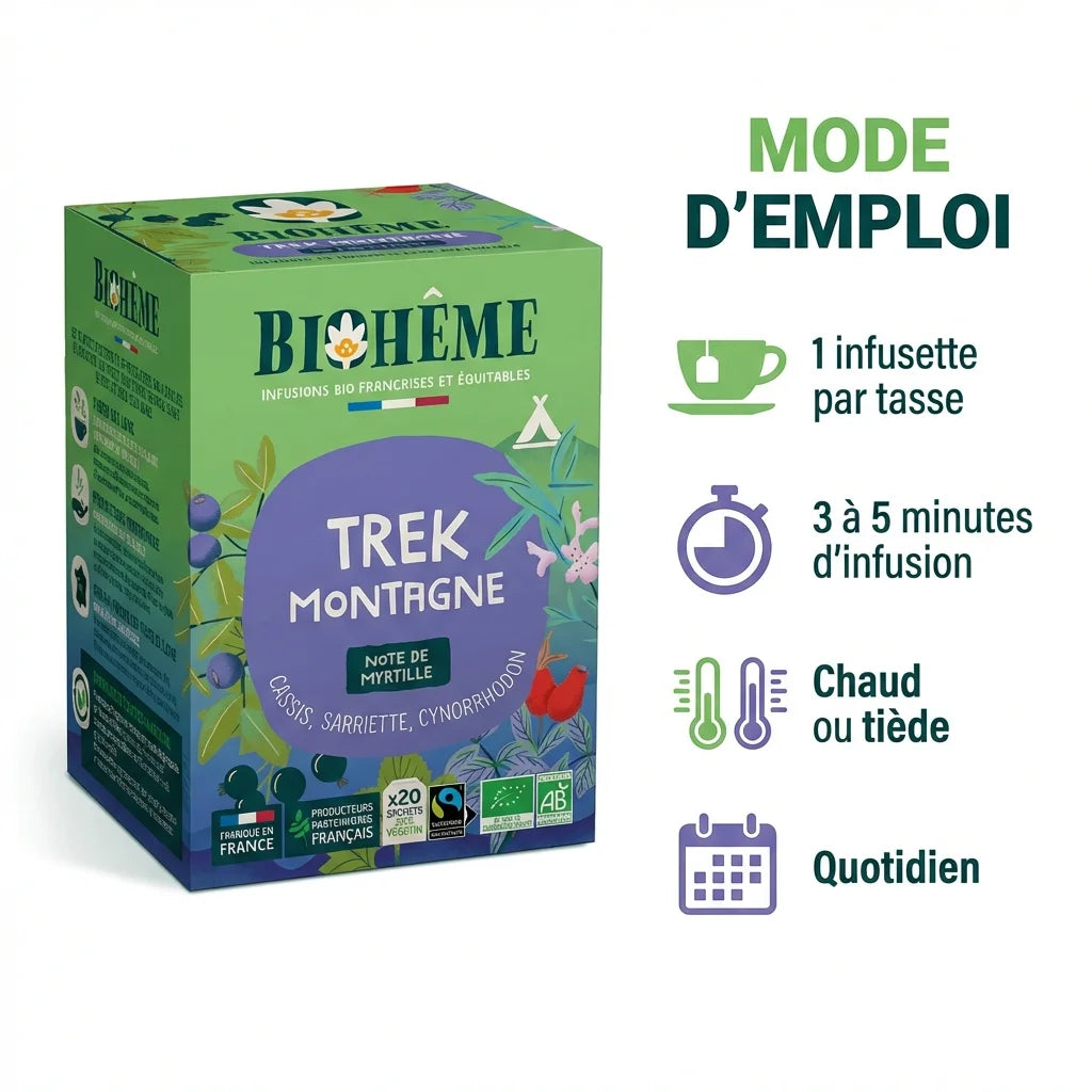 Infusion bio Trek Montagne Biohême 20 infusettes avec guide mode d'emploi et instructions préparation
