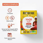 Infusion bio Yoga Flex Biohême 20 infusettes packaging jaune avec mode d'emploi et ingrédients visibles
