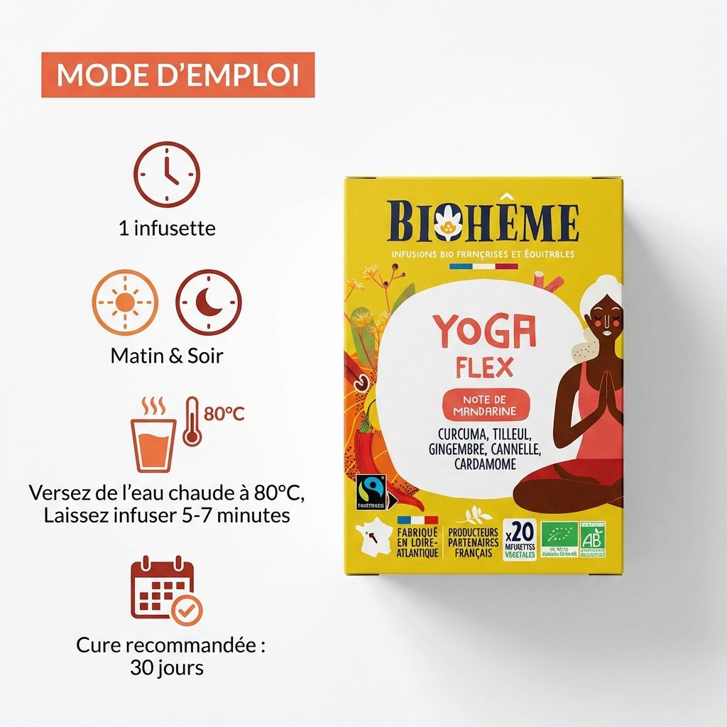 Infusion bio Yoga Flex Biohême 20 infusettes packaging jaune avec mode d'emploi et ingrédients visibles