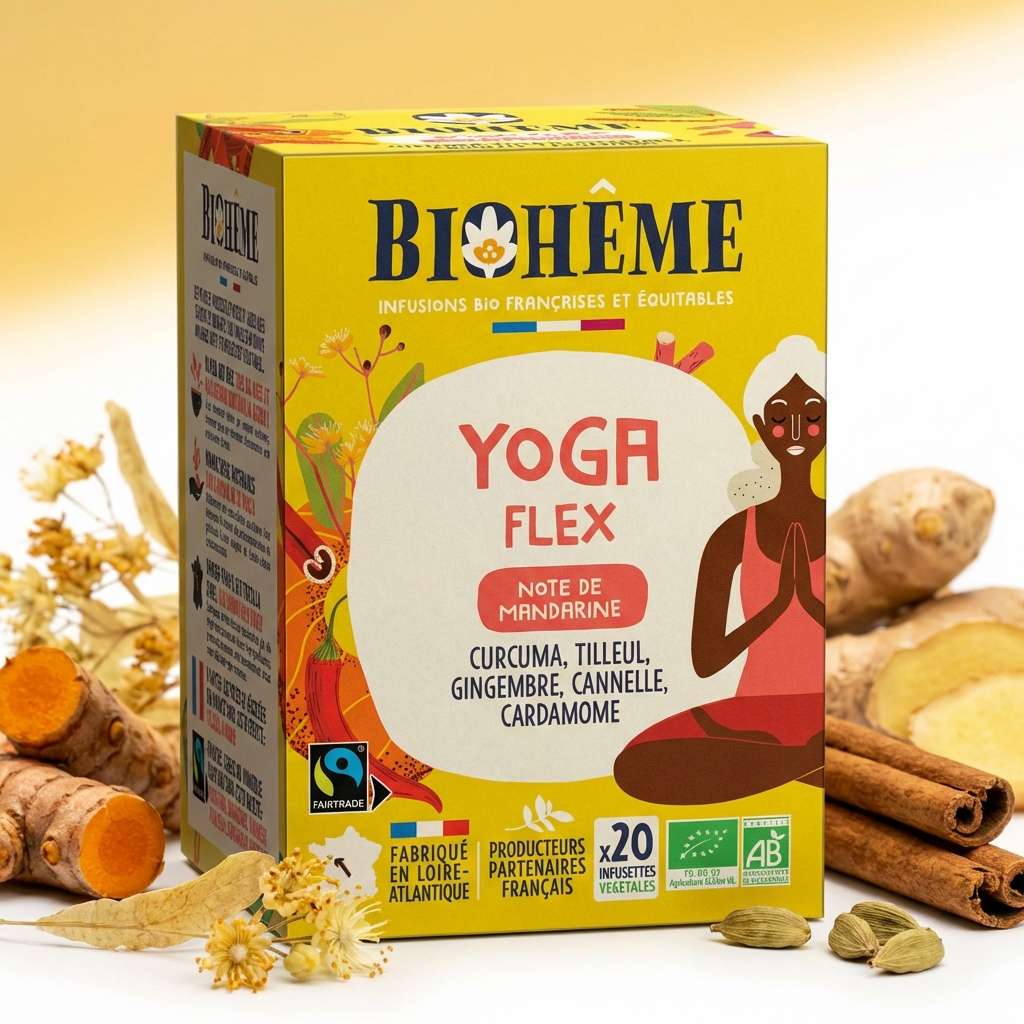 Infusion bio Yoga Flex Biohême 20 infusettes avec ingrédients naturels curcuma gingembre cannelle