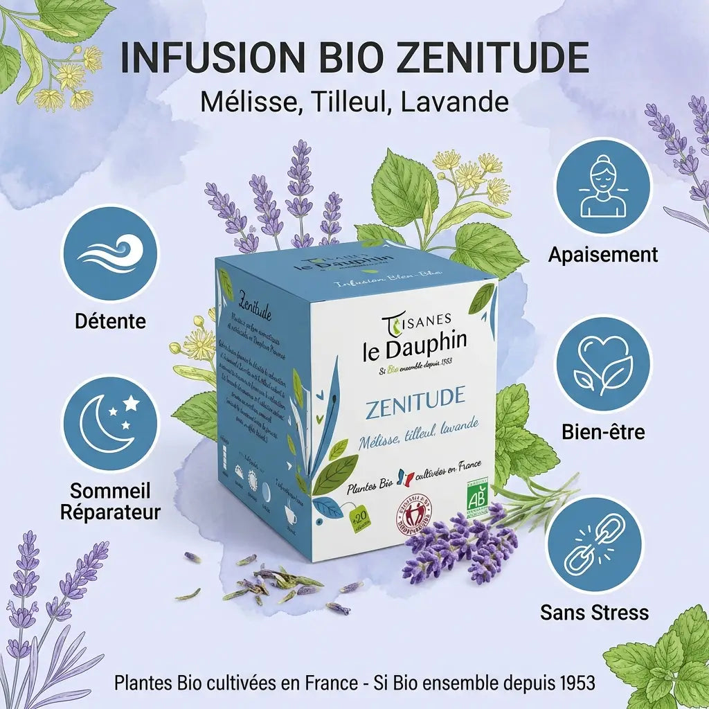 Infusion Bio Zénitude Tisanes Le Dauphin avec bénéfices détente, sommeil et bien-être