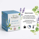 Infusion Bio Zénitude 20 infusettes Tisanes Le Dauphin avec mode d'emploi et illustrations botaniques