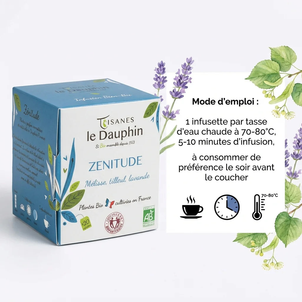 Infusion Bio Zénitude 20 infusettes Tisanes Le Dauphin avec mode d'emploi et illustrations botaniques