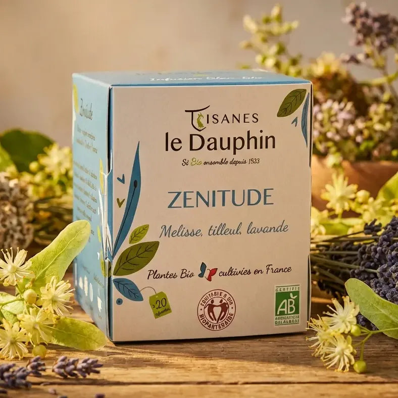 Infusion bio Zénitude 20 infusettes Tisanes Le Dauphin avec fleurs de tilleul et lavande