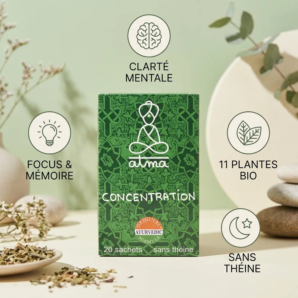 Infusion Bouddhi Concentration Atma - Boîte 20 sachets avec icônes bénéfices clarté mentale et focus