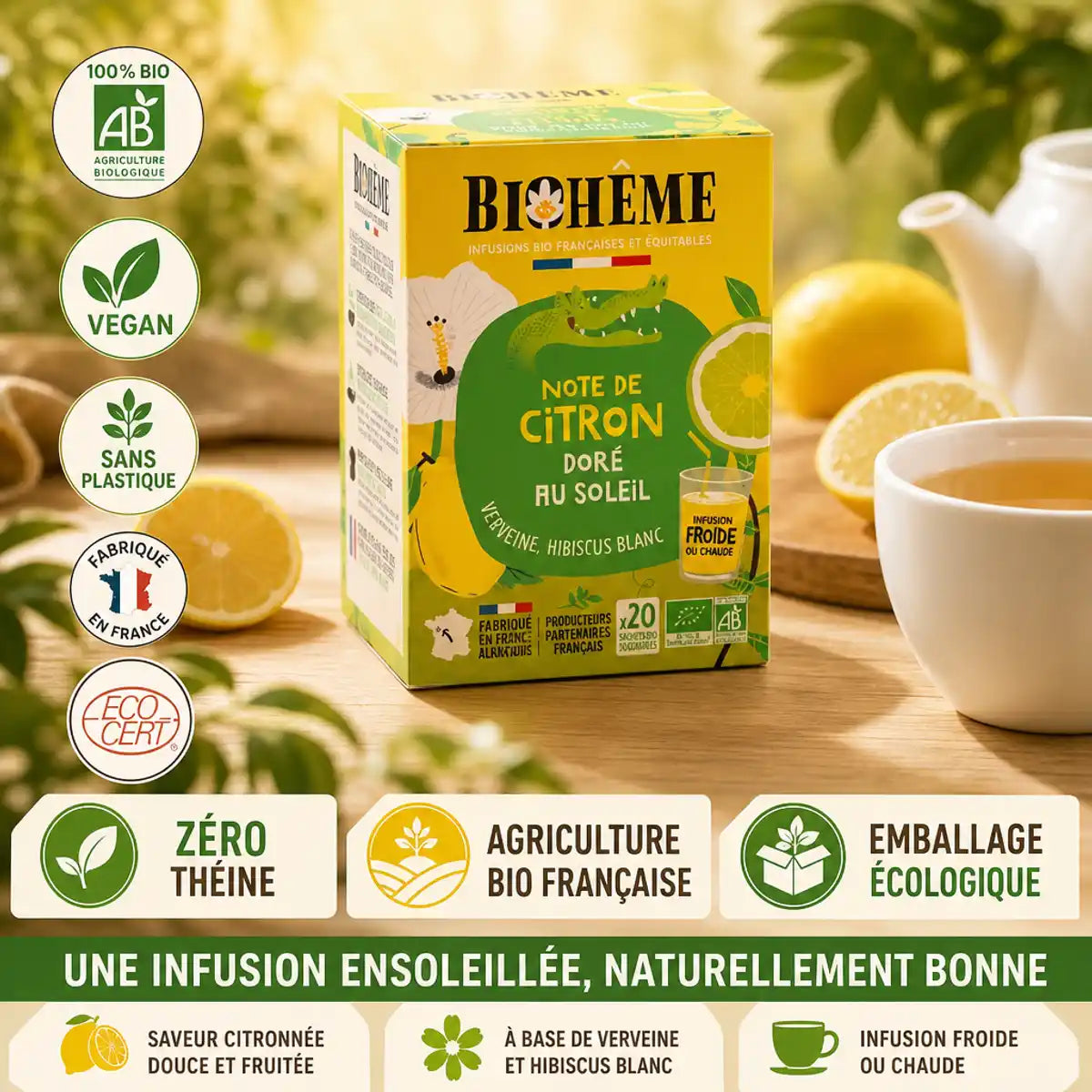 Infusion Citron Doré bio 20 infusettes Biohême - emballage écologique français certifié AB