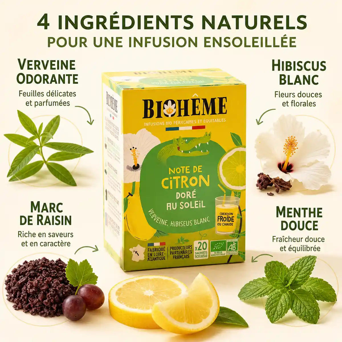 Infusion Citron Doré au Soleil Bio Biohême - Boîte 20 infusettes avec ingrédients: verveine, hibiscus, menthe