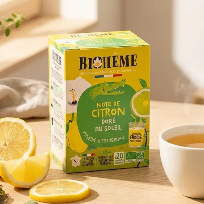 Infusion citron doré Biohême bio avec tasse de thé fumant et tranches de citron frais au soleil