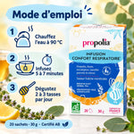 Boîte Infusion Confort respiratoire Bio Propolia thym, eucalyptus et propolis, mode d'emploi en 3 étapes