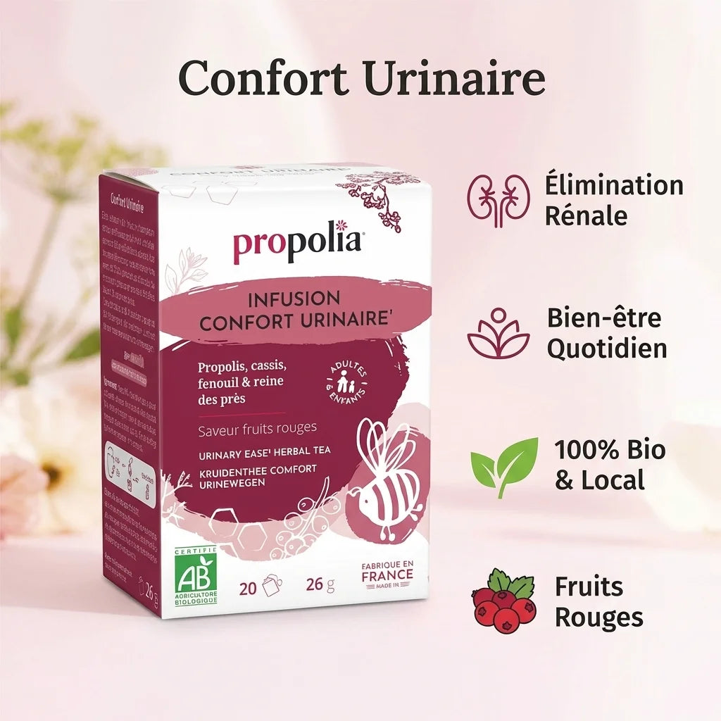 Infusion Confort urinaire Bio Propolia 20 sachets avec icônes de bénéfices santé et certification biologique