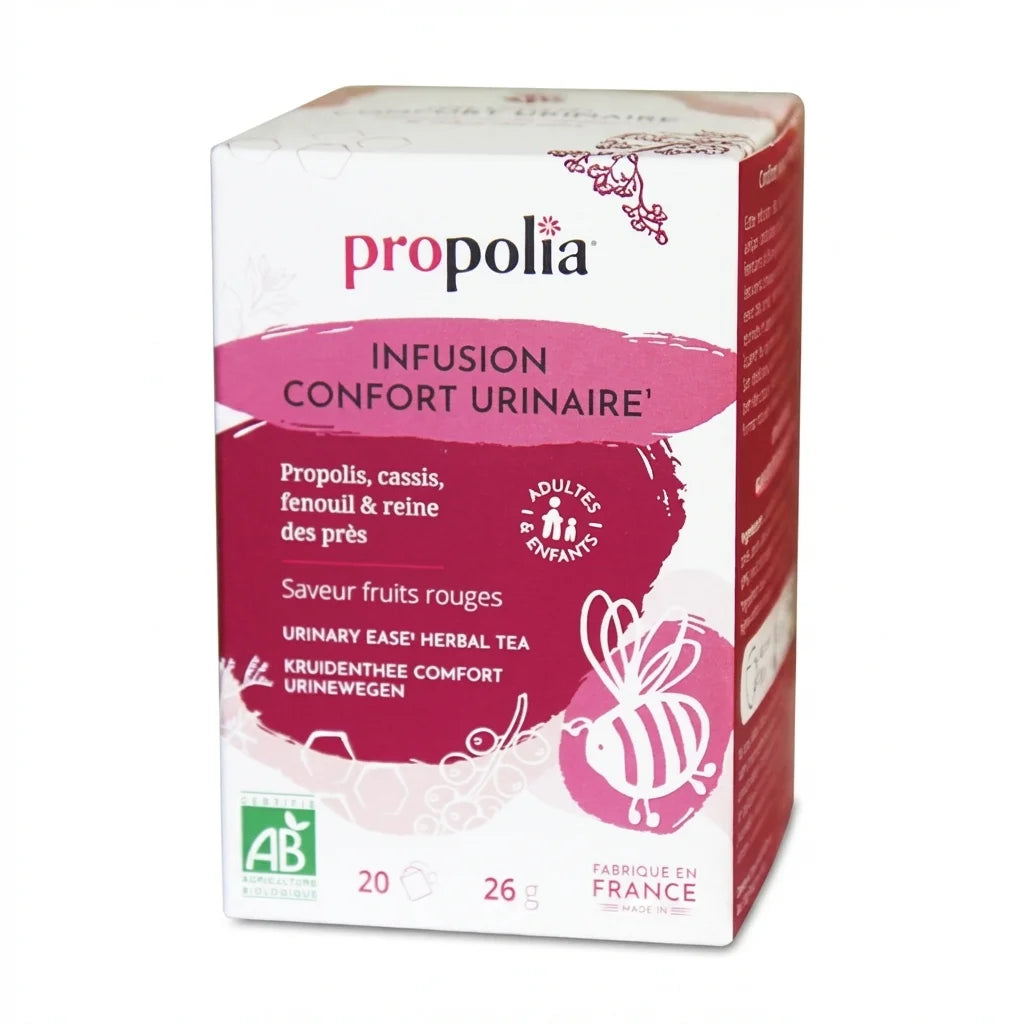 Infusion Confort urinaire Bio Propolia 20 sachets, emballage blanc et magenta avec logo abeille