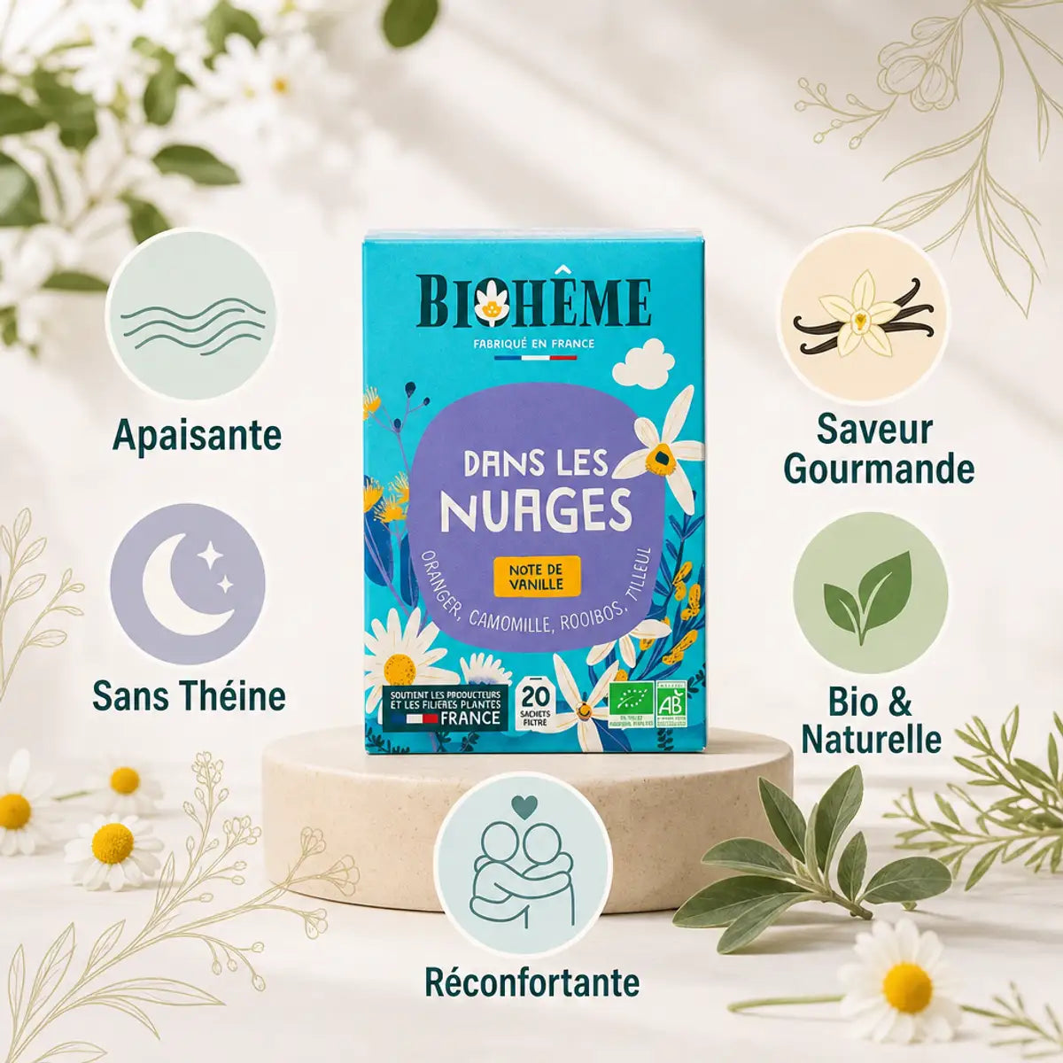 Infusion Dans Les Nuages 20 infusettes Biohême - boîte turquoise avec bénéfices apaisante sans théine bio