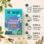 Boîte infusettes Biohême "Dans Les Nuages" avec guide d'infusion en 4 étapes sur fond beige minimaliste