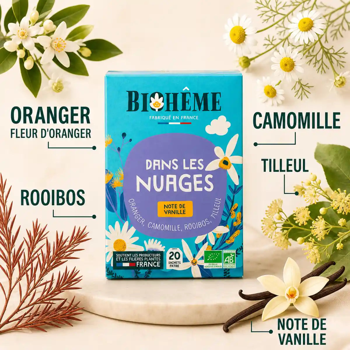 Boîte Biohême Infusion Dans Les Nuages 20 sachés avec ingrédients botaniques : camomille, rooibos, fleur d'oranger, vanille et tilleul