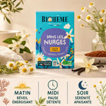 Boîte Infusion Dans Les Nuages Biohême avec timeline rituel bien-être matin midi soir et illustrations botaniques
