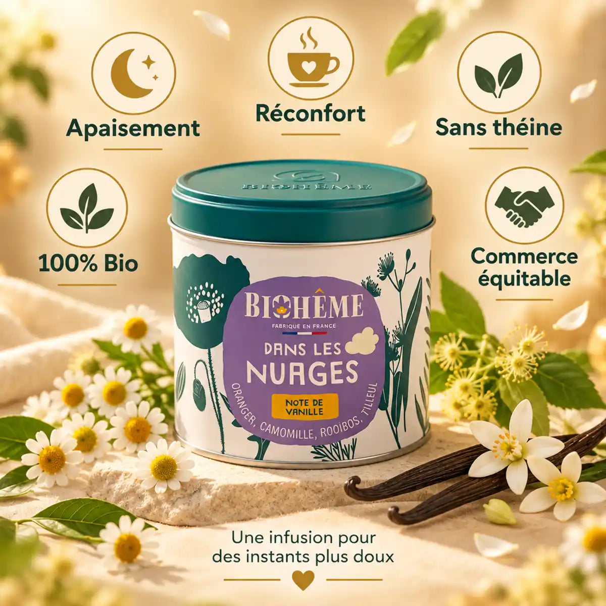 Boîte de thé Infusion Dans les Nuages Biohême 50g entourée de fleurs et bénéfices wellness bio