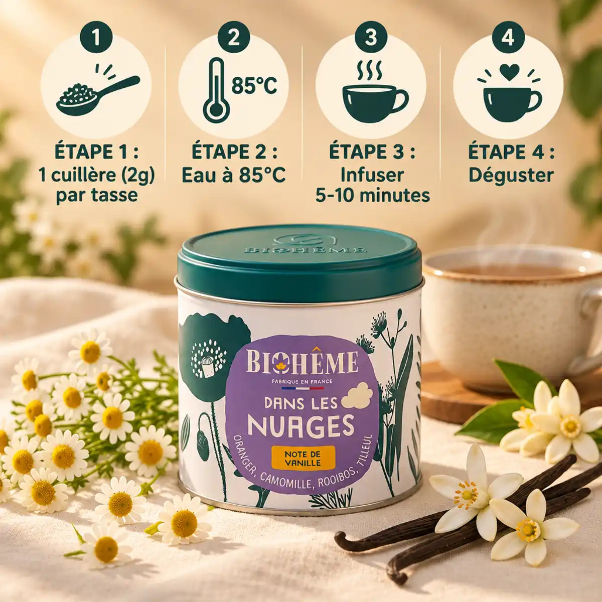 Boîte métal Biohême Infusion Dans les Nuages 50g avec guide d'infusion et ingrédients botaniques