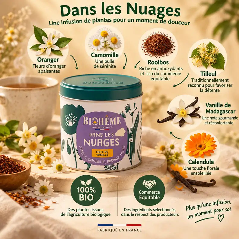 Boîte métal Infusion Dans les Nuages Biohême 50g avec ingrédients bio : camomille, rooibos, tilleul, vanille