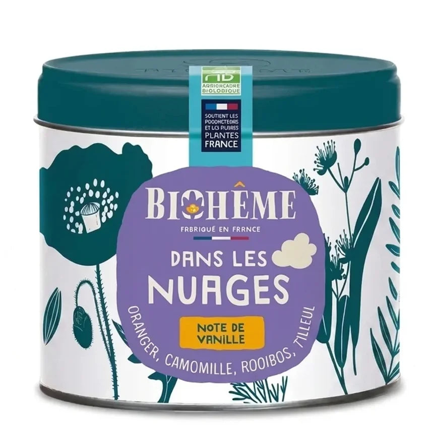 Boîte métal Biohême Infusion Dans les Nuages 50g avec illustrations botaniques sur fond blanc