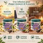 Infusion Nuages Biohême - rituel matin midi soir avec boîte métal teal, fleurs et vanilla bio