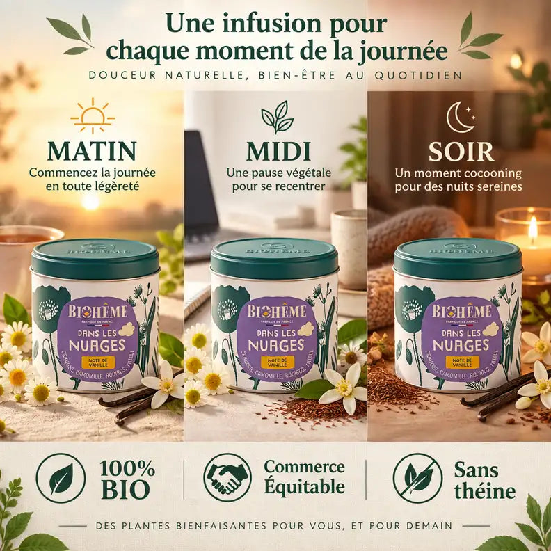 Infusion Nuages Biohême - rituel matin midi soir avec boîte métal teal, fleurs et vanilla bio