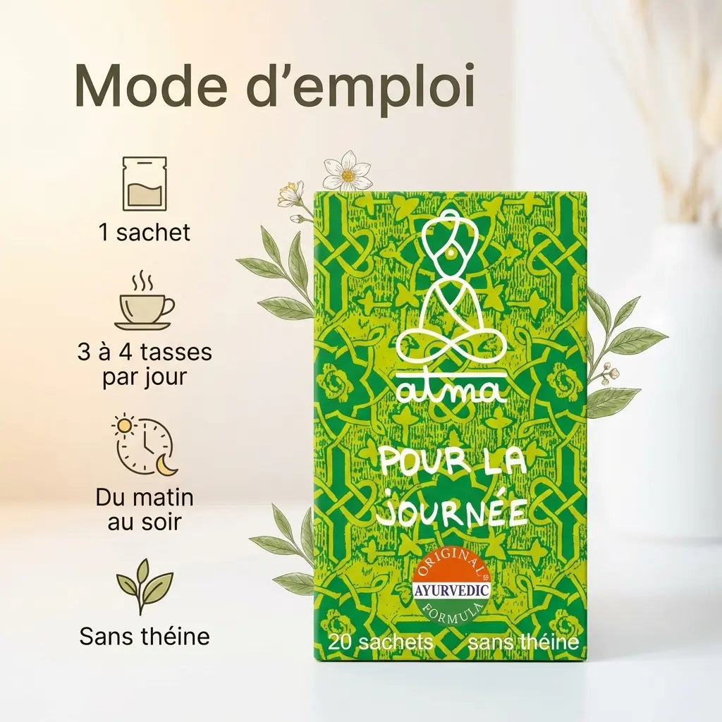 Infusion Divya Pour la Journée 20 sachets Atma, boîte verte et jaune avec mode d'emploi et dosage