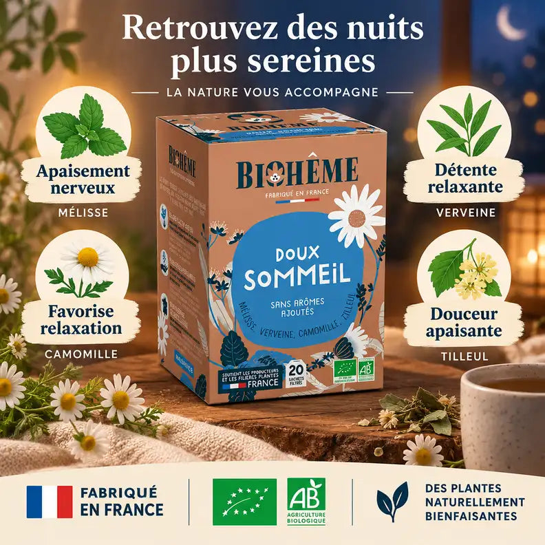 Boîte Biohême Doux Sommeil 20 infusettes avec bénéfices relaxants et certifications bio affichés