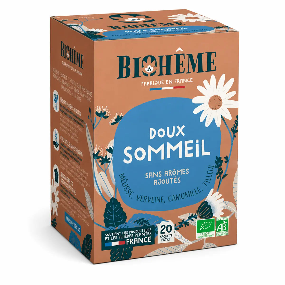 Boîte Biohême Infusion Doux Sommeil 20 infusettes bio sur fond blanc