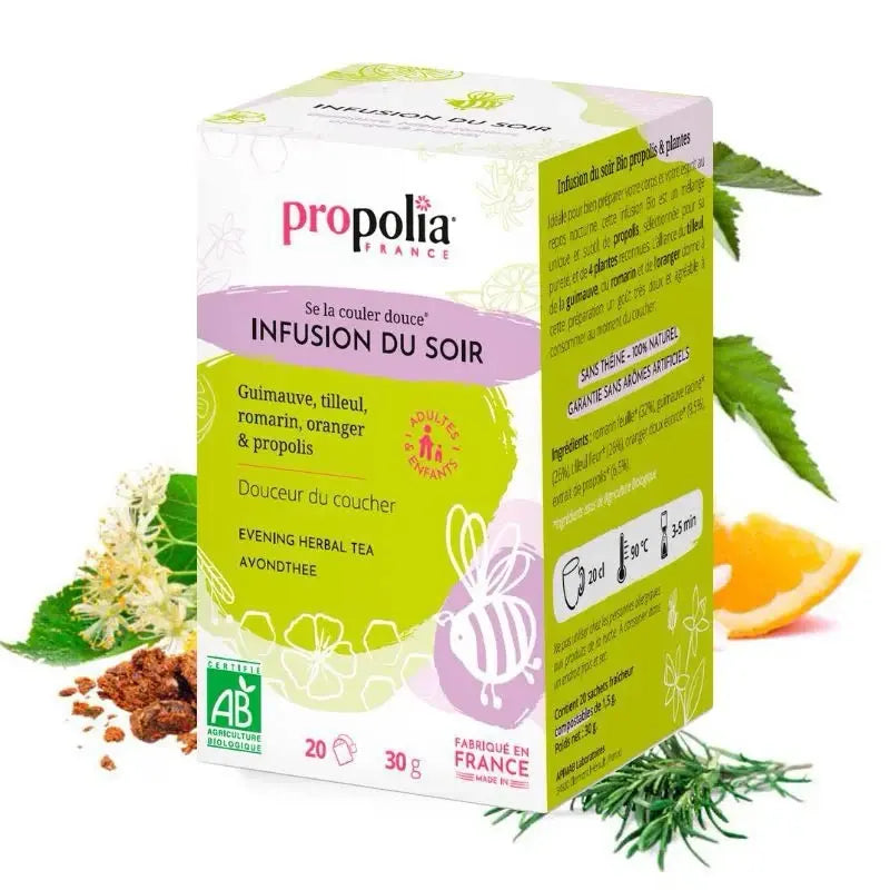 une boîte de 20 sachets d'infusion du soir de la marque Propolia