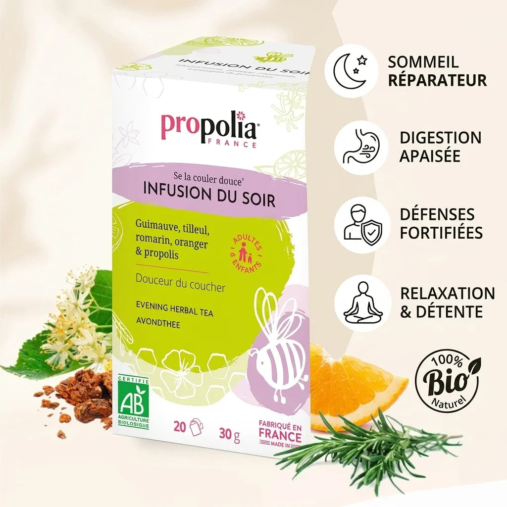 Infusion bio propolis Propolia 20 sachets avec bénéfices sommeil, digestion et relaxation naturelle