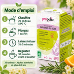 Infusion du Soir Bio Propolia : boîte de 20 sachets et mode d'emploi en 4 étapes pour une tisane propolis et plantes