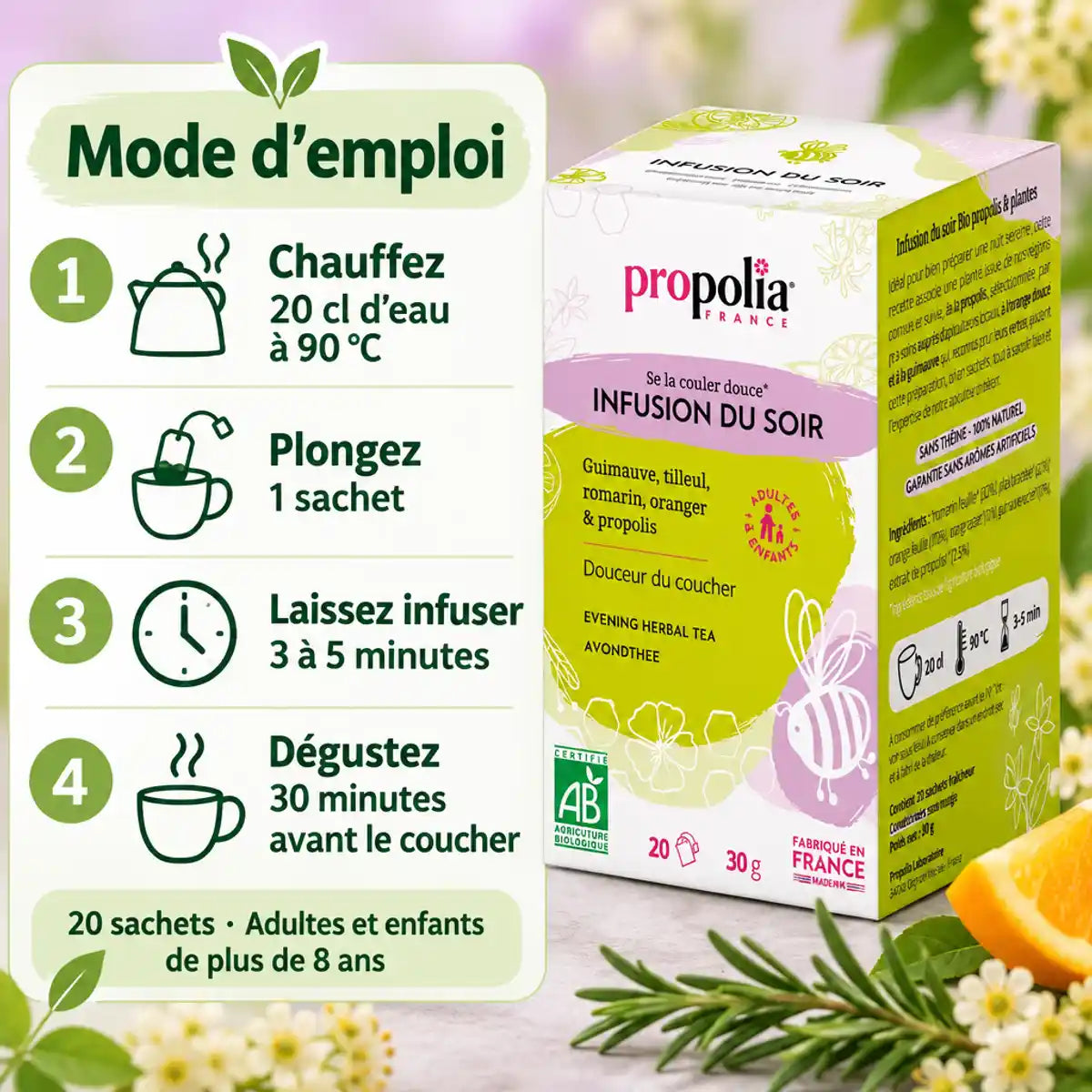 Infusion du Soir Bio Propolia : boîte de 20 sachets et mode d'emploi en 4 étapes pour une tisane propolis et plantes