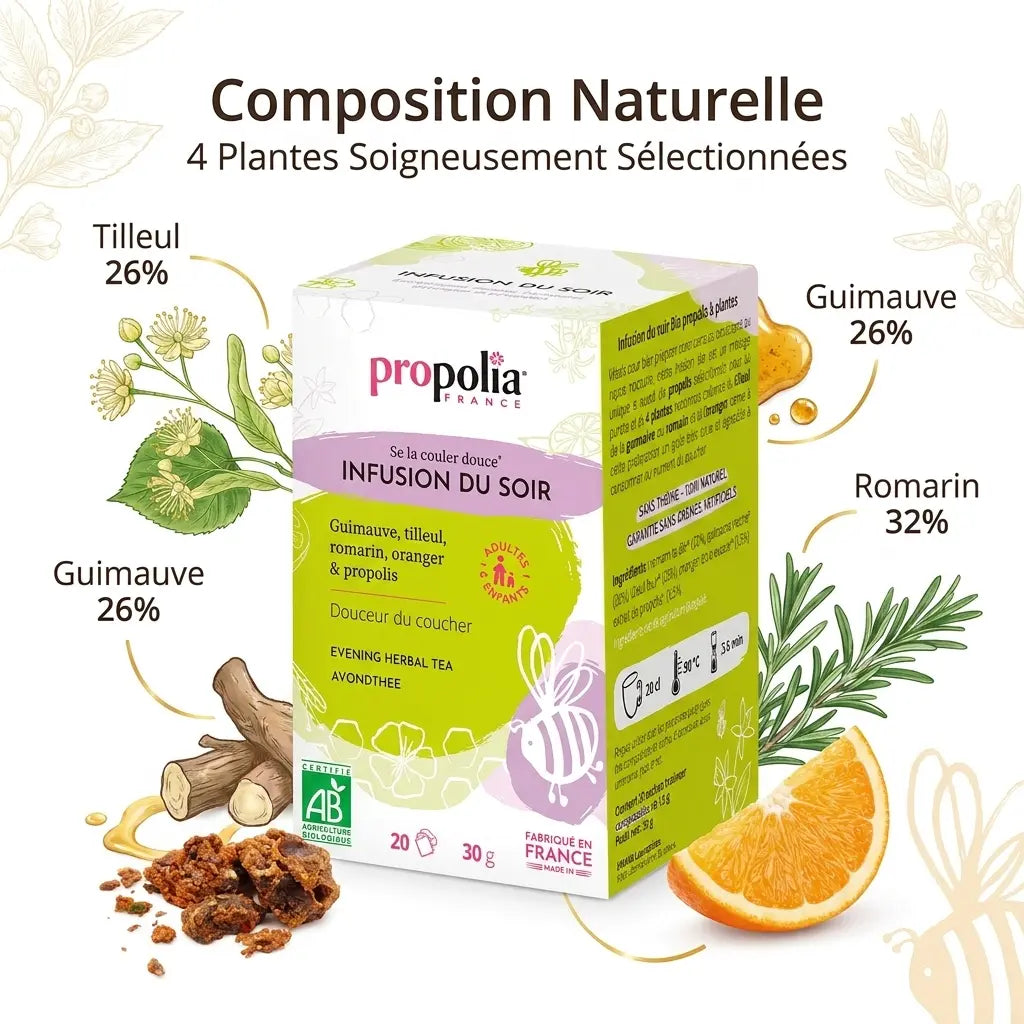 Infusion Bio Propolis Propolia boîte 20 sachets avec tilleul guimauve romarin composition naturelle