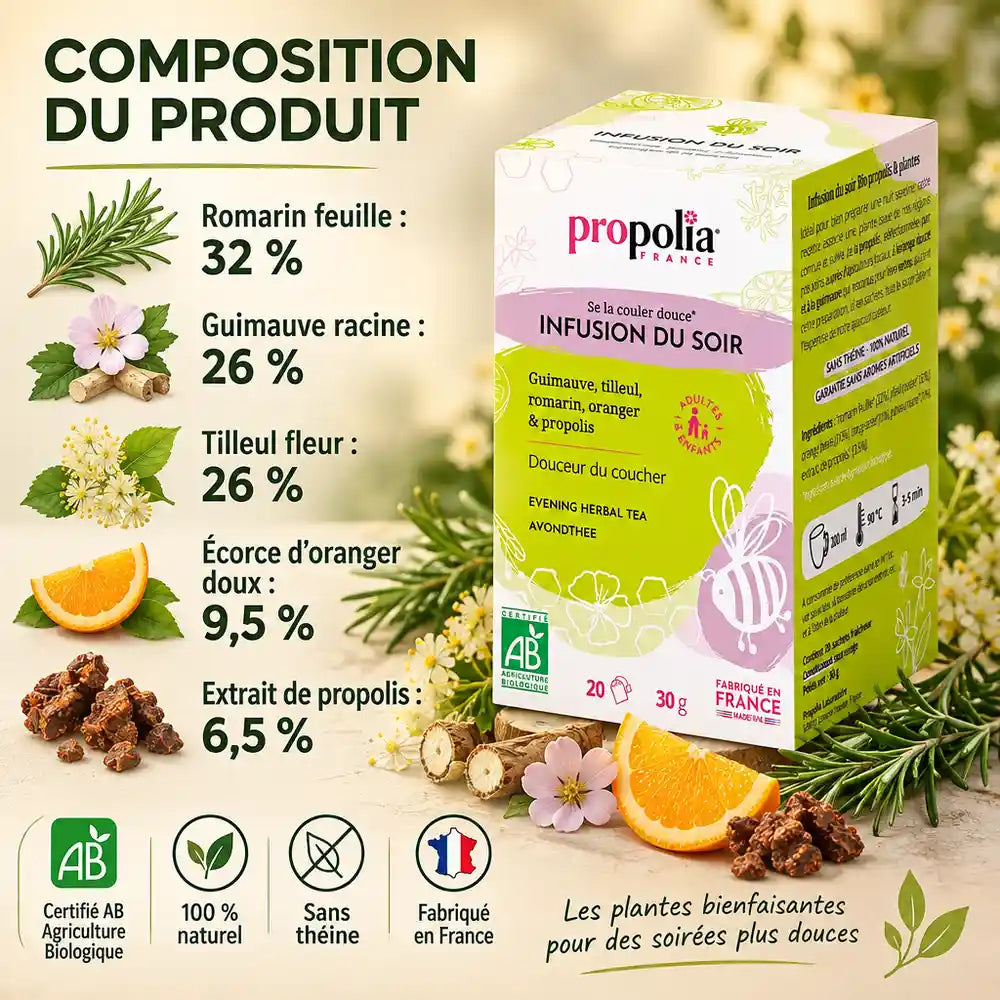 Infusion du Soir Propolia bio à la propolis, romarin, tilleul et guimauve : boîte de 20 sachets et composition détaillée
