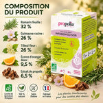 Infusion du Soir Propolia bio à la propolis, romarin, tilleul et guimauve : boîte de 20 sachets et composition détaillée