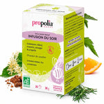 Infusion du Soir Bio Propolis & Plantes Propolia, boîte 20 sachets sur fond blanc, tilleul, romarin et propolis