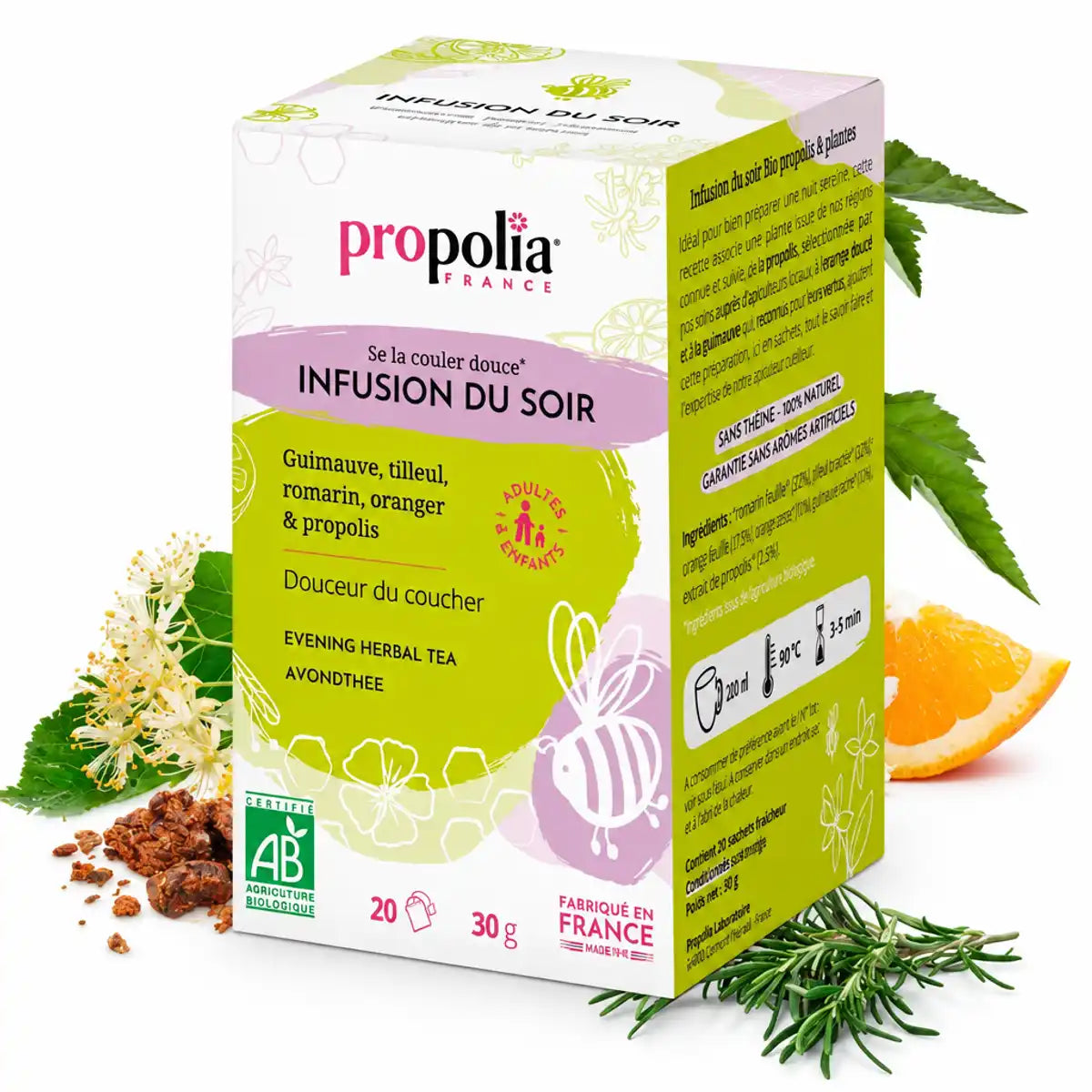 Infusion du Soir Bio Propolis & Plantes Propolia, boîte 20 sachets sur fond blanc, tilleul, romarin et propolis