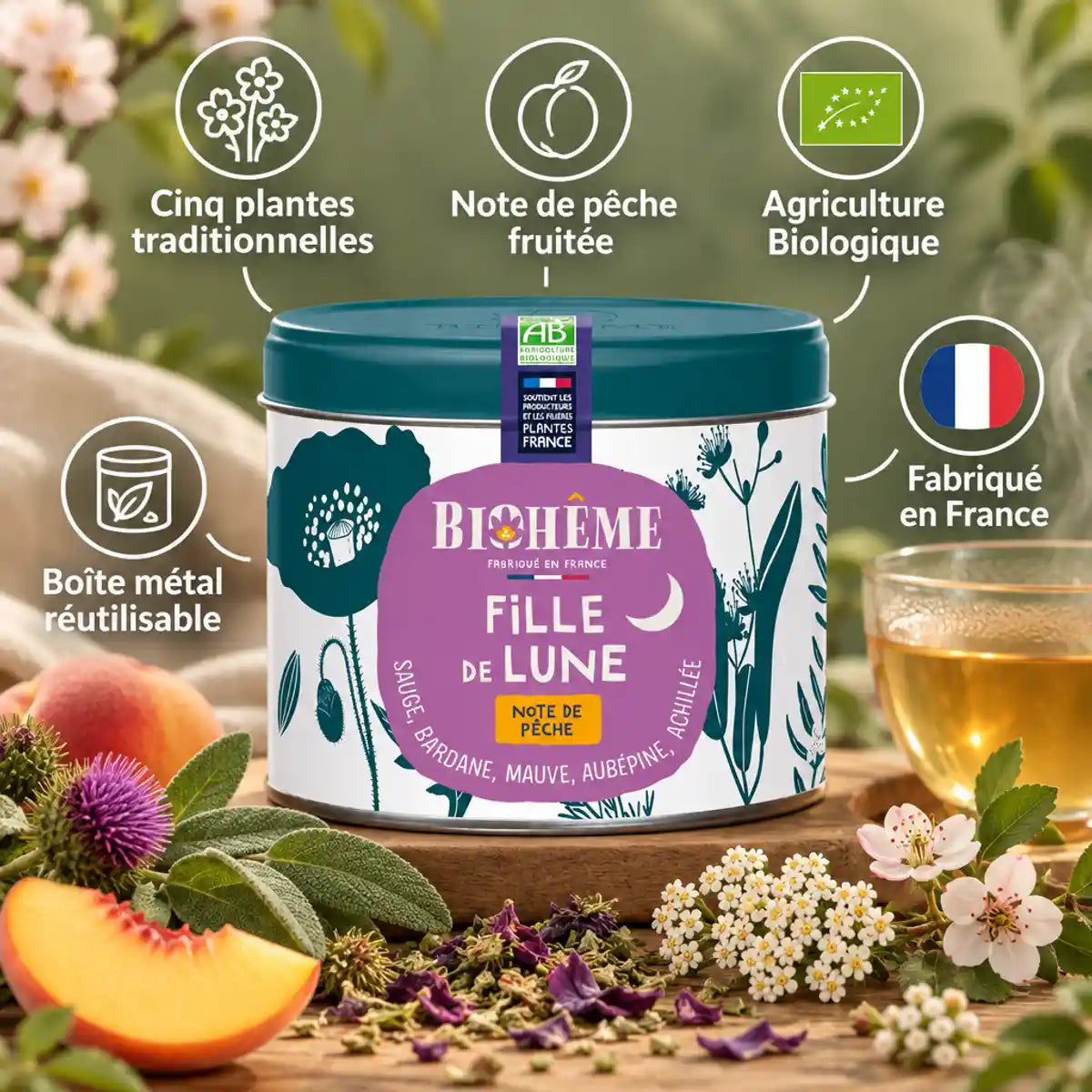 Infusion Fille de lune Biohême en boîte métal 45g, entourée de plantes et d'une tasse de tisane ambrée, label AB