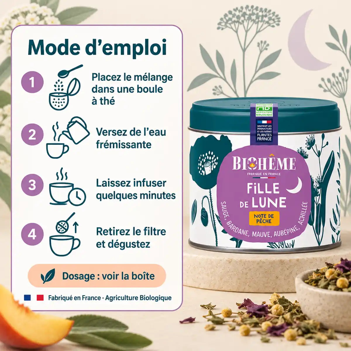 Boîte métal Biohême Fille de Lune 45g à côté d'un mode d'emploi en 4 étapes pour infusion bio fabriquée en France