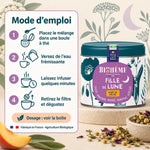 Boîte métal Biohême Fille de Lune 45g à côté d'un mode d'emploi en 4 étapes pour infusion bio fabriquée en France