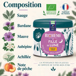 Boîte métal Biohême Fille de Lune 45g à côté des plantes de sa composition : sauge, bardane, mauve, aubépine, achillée, note de pêche.