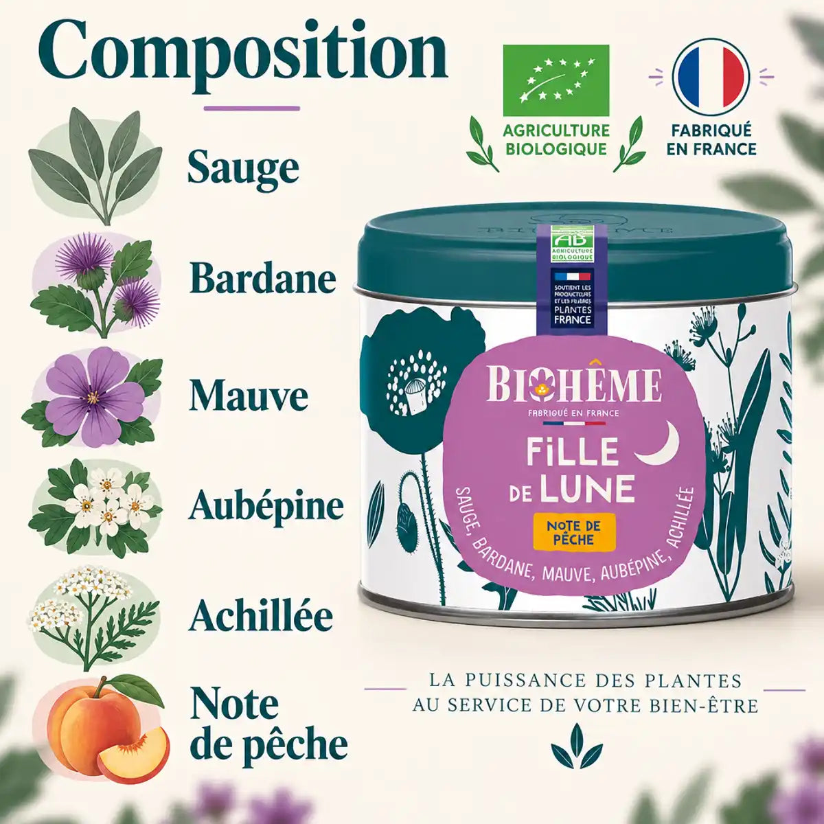 Boîte métal Biohême Fille de Lune 45g à côté des plantes de sa composition : sauge, bardane, mauve, aubépine, achillée, note de pêche.