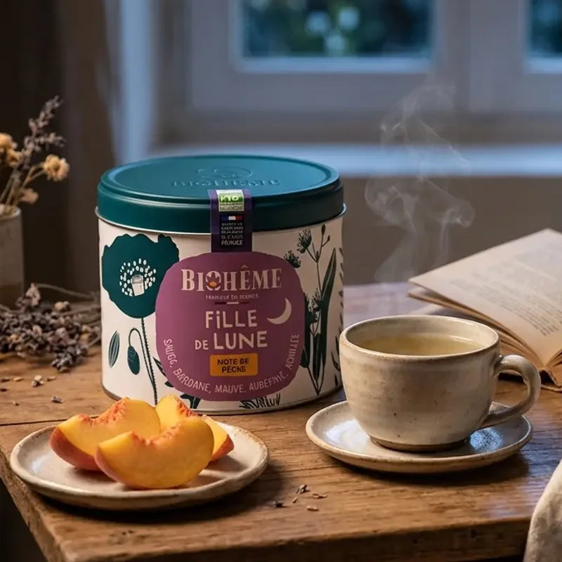 Boîte métal Fille de Lune Biohême à côté d'une tasse d'infusion, de tranches de pêche et d'un livre, ambiance douce du soir