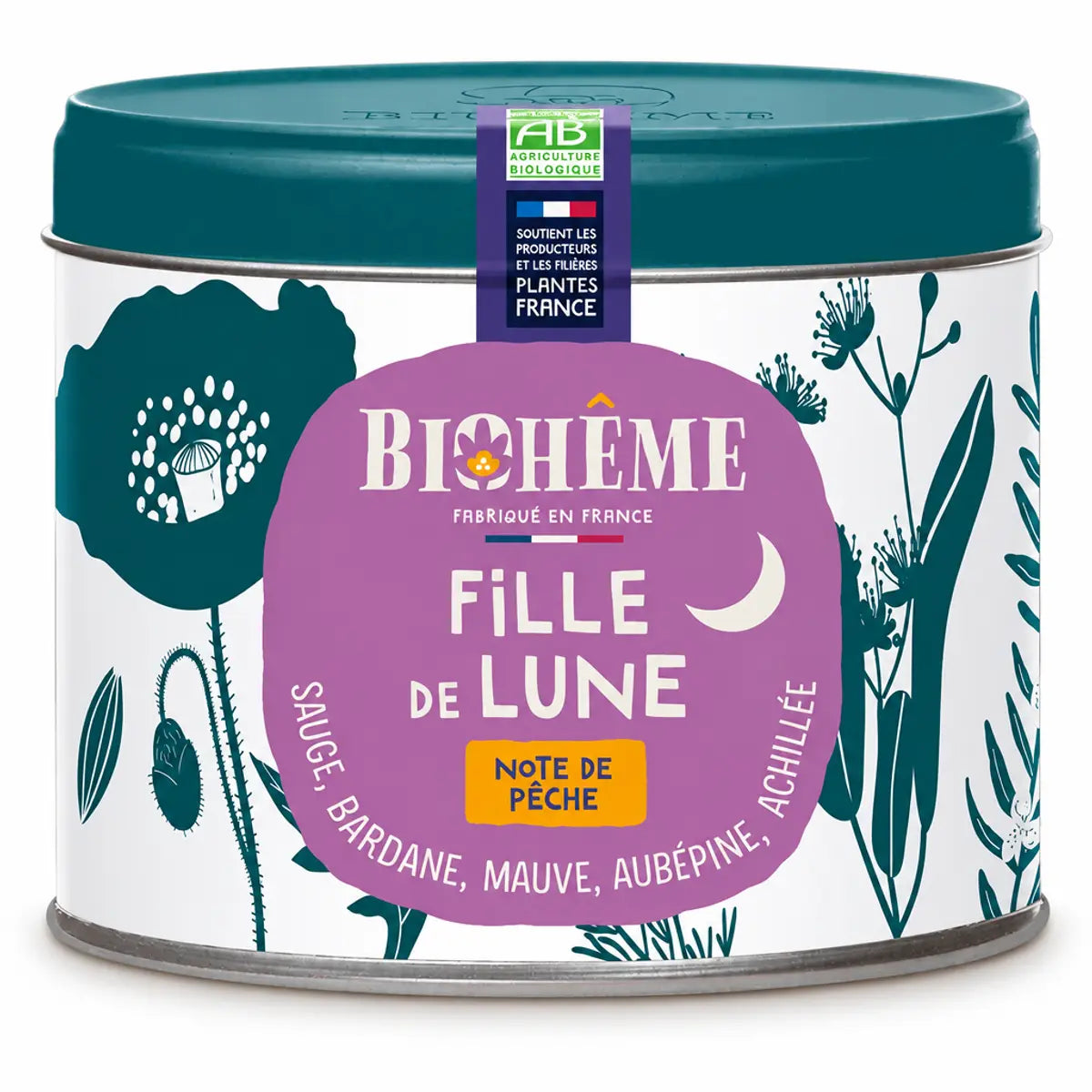 Boîte métal Infusion Fille de lune 45g Biohême : couvercle bleu canard, décor botanique, étiquette mauve à la lune et note de pêche