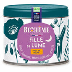 Boîte métal Infusion Fille de lune 45g Biohême : couvercle bleu canard, décor botanique, étiquette mauve à la lune et note de pêche