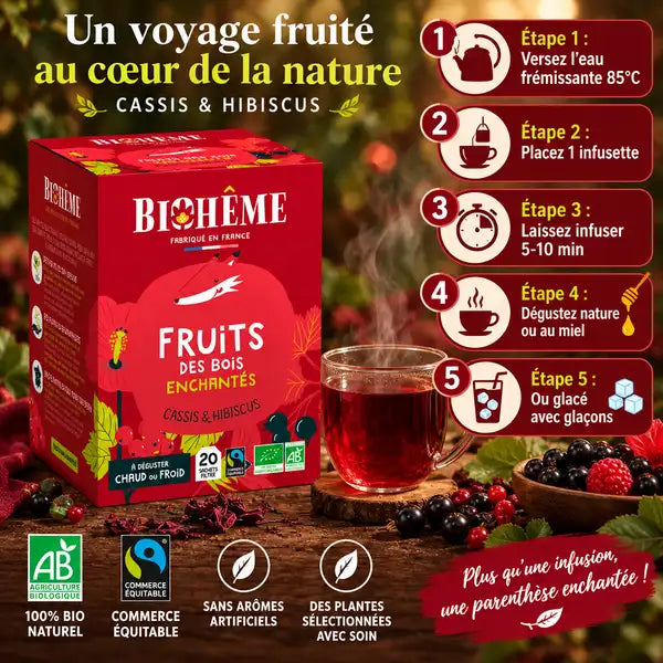 Infusion fruits des bois Biohême - Guide préparation thé 5 étapes avec boîte rouge et tasse