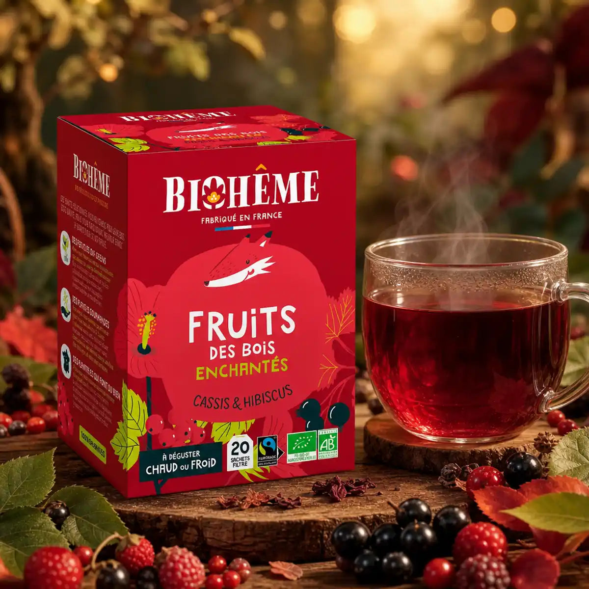 Boîte infusettes Biohême Fruits des Bois avec tasse de thé rouge fumant et baies sauvages