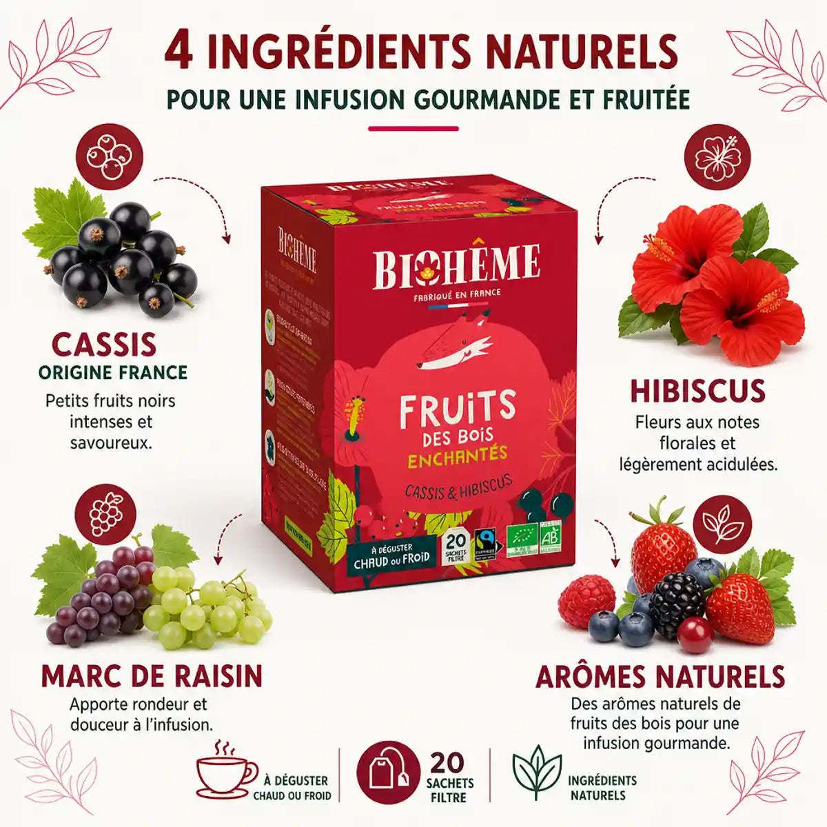 Boîte Biohême Infusion Fruits des Bois Enchantés 20 infusettes avec ingrédients cassis hibiscus raisin