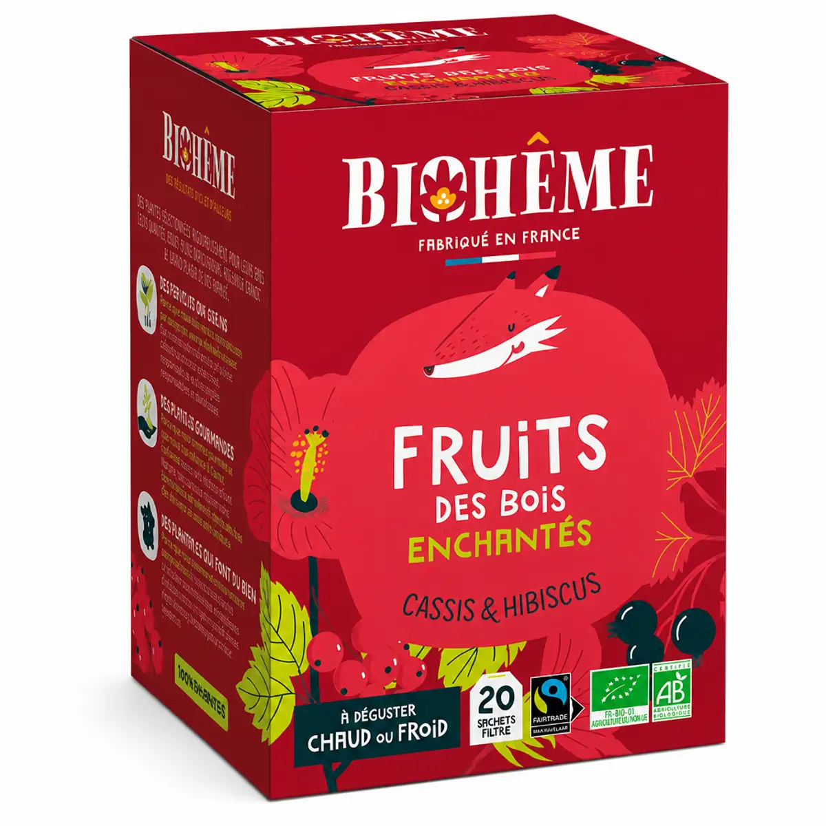 Boîte Biohême infusion fruits des bois 20 infusettes packaging rouge design forêt enchantée