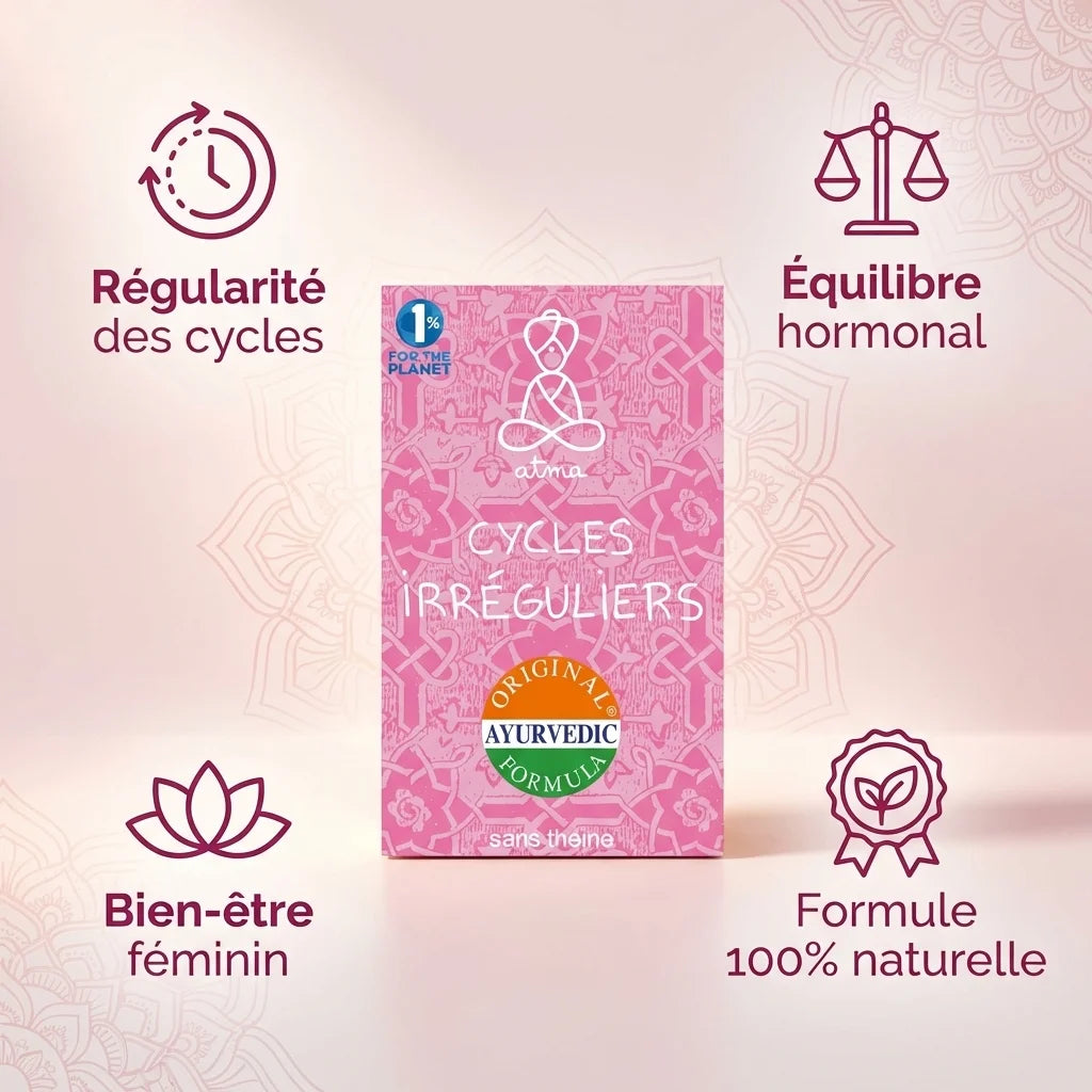 Infusion Kala Pushpa cycles irréguliers 20 sachets Atma avec bénéfices équilibre hormonal et bien-être féminin